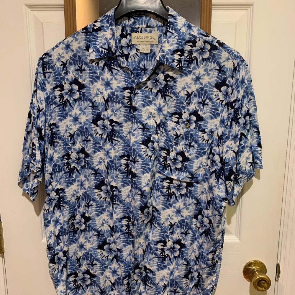 Blue and White Casual Floral Button Down Shirt